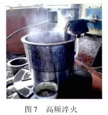 1 引言  山東魯碧建材有限公司2號輥磨為德國進口萊歇磨，主要用于生產(chǎn)礦渣微粉，減速機采用弗蘭德品牌，型號為：KMPP651，其結(jié)構(gòu)為一級傘齒加兩級行星傳動。2013年3月9日，該減速機因功率過高報警，而且潤滑系統(tǒng)回油溫度急劇升高，晚上23：25減速機潤滑站過濾器壓差高報警，整個系統(tǒng)跳停。檢查過濾器濾網(wǎng)時發(fā)現(xiàn)有大量的黃色銅屑，經(jīng)化驗銅屑成分為CuAl10Ni查閱設備圖紙推測該合金來自二級行星輪中的銅瓦。經(jīng)過咨詢，弗蘭德專家給出了同樣的判斷，并提供了具體的解決方案。隨后， 山東魯碧建材有限公司按照弗蘭德公司出具的方案對該減速機進行了搶修。目前該減速機運行接近兩個月且效果良好?，F(xiàn)將具體原因、修復方案及預防措施簡單描述。  2 原因分析  該減速機自2008年2月份開始使用，到現(xiàn)在已運轉(zhuǎn)5年多，運轉(zhuǎn)率接近90%，因此設備或多或少存在老化問題，尤其是里面的合金瓦，由于自身硬度較低，一旦潤滑不良很容易造成損傷。在拆檢減速機時發(fā)現(xiàn)二級行星有一個行星輪堆積了大量的合金，且無法轉(zhuǎn)動，證明我們的判斷正確。在對該行星輪拆檢中發(fā)現(xiàn)了以下三個問題：（1）兩側(cè)的推力瓦嚴重燒蝕熔化（圖1）；（2）銅瓦處存積了大量油泥并將潤滑油道堵塞，而且銅瓦整個開裂、軸向延展接近30mm（圖2）；（3）銷軸局部裂紋（圖3）。    根據(jù)以上損壞分析，銅瓦潤滑油孔堵塞之后，造成銅瓦急劇升溫，溫度升高到一定程度使得銅瓦受熱開裂并且膨脹延展，最終與兩側(cè)的推力瓦接觸，推力瓦受到擠壓以后迅速升溫最終燒蝕，銷軸因此承受較大的扭矩及高溫，造成裂紋。  3 處理方案  推力瓦、銅瓦、銷軸的方案為按照尺寸重新制作備件。但在檢測齒輪時發(fā)現(xiàn)其內(nèi)孔圓柱度較差以至于變成橢圓，而且表面硬度下降，遠遠低于圖紙要求（HRC55+5）。我們聯(lián)系弗蘭德公司欲購買該齒輪，對方回復該齒輪需要德國進口，加工周期為6個月，而且為保證齒輪嚙合，建議6個齒輪一起更換。此時， 山東魯碧建材有限公司銷售正處于旺季，該輥磨每天生產(chǎn)3000t微粉，停機6個月對我們的損失可想而知。我們聯(lián)系弗蘭德總部專家要求給出整改方案。對方經(jīng)過詳細計算給出如下方案：擴大齒輪內(nèi)孔直徑，再加一個過渡套，從而保證齒輪的硬度及裝配要求（圖5）。    3.1 過渡套材料選擇 過渡套材料采用42CrMo。該材料強度、淬透性高，韌性好，淬火時變形小，高溫時有高的蠕變強度和持久強度，用于制造要求強度更高和調(diào)質(zhì)截面更大的鍛件。  3.2 處理工藝    （1）鍛打：目的是減小殘留夾雜物的尺寸，使其成分趨于均勻，組織趨于致密，細化晶粒，改善鋼的性能。    （2）粗車：單邊留4mm加工余量。    （3）著色探傷：目的是檢查工件是否有損傷，從而保證下一道工序順利進行。    （4）完全退火：目的是使工件的內(nèi)部組織全部進行重結(jié)晶，通過完全退火來細化晶粒，均勻組織，消除內(nèi)應力，同時降低硬度，便于切削加工，并為加工后零件的淬火作好組織準備（圖6）。    具體過程：零件在爐溫>800℃裝爐，立即通入甲醇：50~60ml/min、氮氣：4~6m3/h；溫度升到850℃之后甲醇：35~45ml/min、氮氣：4m3/h；保溫120min后隨爐冷降溫至650℃，停甲醇，氮氣：5m3/h；降溫至550℃時出爐空冷。    （5）半精車：單邊0.75mm，從而滿足下一步淬火的淬硬層>0.5mm的要求。    （6）高頻淬火（圖7）：該套由于工作面是套的內(nèi)孔及兩個端面，硬度要求HRC58-62，淬硬層>0.5mm。因此，選擇高頻淬火，這樣既能局部熱處理，同時也滿足硬度要求。另外，高頻淬火時工件的冷卻至關(guān)重要，為保險起見采用淬火液進行冷卻；感應器距離工件的位置也非常重要，離得太近容易造成感應器受熱，堵塞冷卻水溢流孔，離得太遠影響熱功率的傳遞，一般控制在3~5mm。       （7）精車外圓及內(nèi)孔：外圓最終尺寸為?330t6，內(nèi)孔最終尺寸為?330H6，這樣保證外圓與齒輪內(nèi)孔過盈配合，過盈量控制在0.2~0.3mm；內(nèi)孔與銅套間隙配合，間隙控制在0.1~0.12mm。    （8）精車端面：將過渡套與齒輪進行冷裝之后，對過渡套的端面進行精車，要求兩個端面與內(nèi)孔垂直度，圓跳度誤差控制在0.02mm以內(nèi)。 目前，該減速機已恢復生產(chǎn)兩個月，二級行星振動值3~5mm/s，輥壓9.0MPa，比表面積440m2/kg，磨機產(chǎn)量也逐漸恢復到150t/h，運轉(zhuǎn)狀況良好。  4 采取的措施  4.1 加強設備巡檢并采用先進的檢測工具 該減速機恢復生產(chǎn)之后，我們加強了巡檢力度，購買了先進的在線巡檢儀，它不僅能對減速機振動進行檢測形成趨勢圖，而且還能進行數(shù)據(jù)傳輸及保存，這樣我們就能夠通過趨勢圖來推斷減速機運行狀況。  4.2 加強油品檢測 目前，我們每個月都要對潤滑油進行檢測，項目有粘度、機械雜質(zhì)、水分、污染等級等，通過對油樣的檢測，可以隨時掌握減速機內(nèi)部運轉(zhuǎn)狀況，保證了潤滑的可靠性。  4.3 提高磨機操作水平 喂料粒度控制在80mm以內(nèi)，這樣既能保證碾磨料層厚度避免磨機振動，又能提高研磨效率；另外，加強選粉機轉(zhuǎn)速、喂料量、熱風控制的調(diào)整，從而保證磨機穩(wěn)定順行。  4.4 選用材質(zhì)較好的濾芯 弗蘭德KMPP651減速機內(nèi)部全部為滑動軸承，對潤滑油的潔凈度要求比較高，一旦有異物進入很容易造成油道堵塞。因此，濾芯的選用至關(guān)重要，我們現(xiàn)在選用的是力士樂25μm濾芯，使用效果很好。  5 結(jié)語  輥磨的穩(wěn)定運行對減速機的使用壽命至關(guān)重要，減少輥磨運行的振動值，有利于減速機提高使用壽命；另外，定期檢測減速機各個軸瓦部位的振動，并且定期對潤滑油進行檢測及檢查過濾網(wǎng)上有無雜質(zhì)，對提高減速機的穩(wěn)定順行也至關(guān)重要。